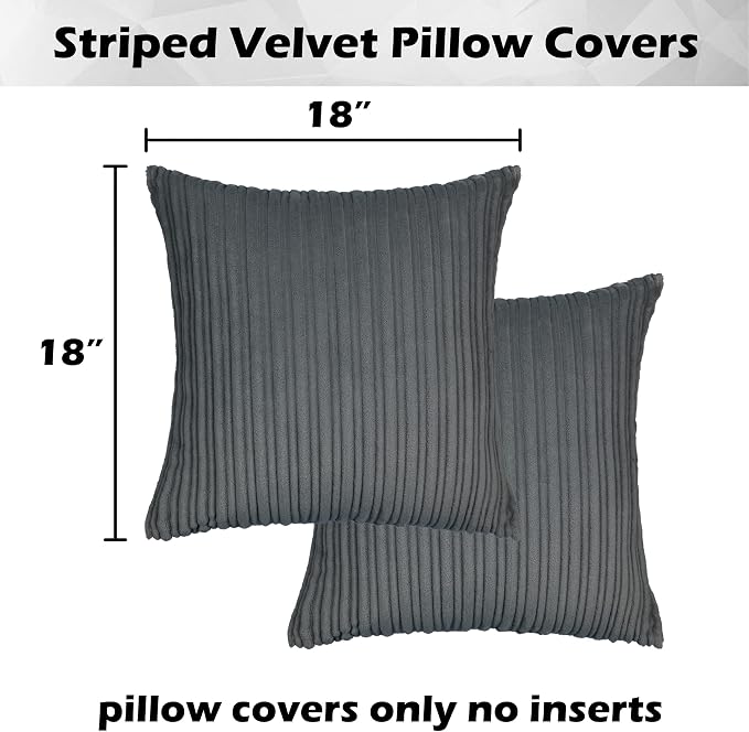 Kevin Textile Striped Corduroy 18”x18” Pillow Covers 2 Pack, Dark Grey
