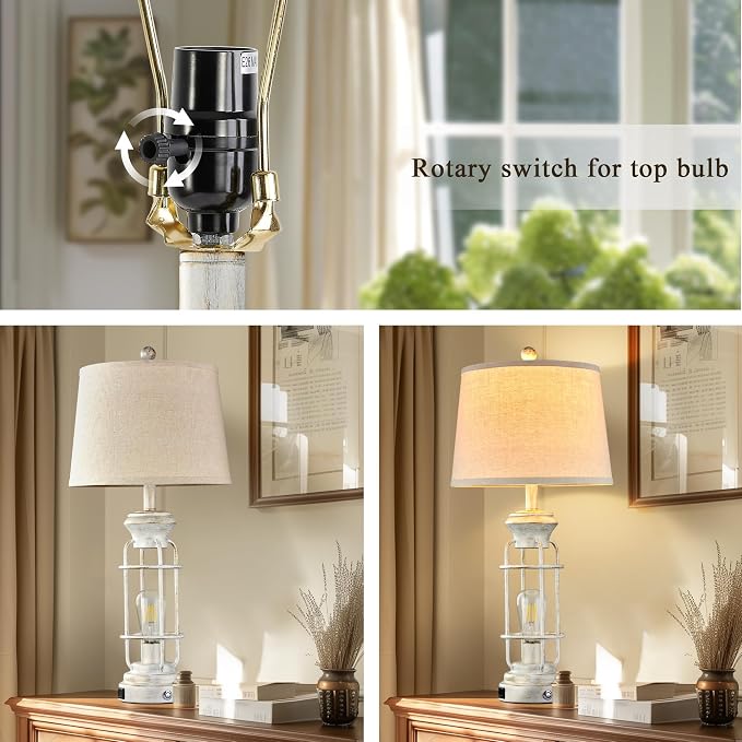 Reaketon 28" Farmhouse Table Lamp Set of 2 with USB Charging Ports, Tall Table Lamp for Living Room,3-Way Dimmable Lamps for Bedroom, Rustic Bedside Lamp, Industrial Nightstand Lamps,Bulbs Included