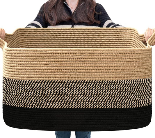 Goodpick Large Woven Blanket Basket, Rectangle, Black Jute, 75L | 21.6'' x 14.9'' x 11.8'' Wicker Storage Basket for Blankets & Toys, Living Room & Bedroom Organization, Reinforced Handles