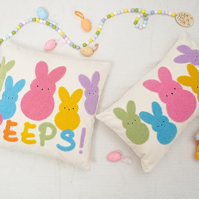 GEEORY 18x18 Inch Canvas Easter Embroidered Pastel Bunny Peeps Pillow Cover, Farmhouse Easter Decor Cushion Case for Living Room, Sofa & Bed