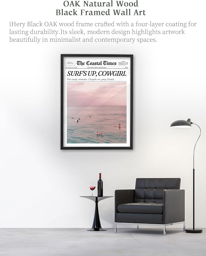 iHery 12x16in Surf’s Up Cowgirl Black Framed Newspaper Wall Art | Premium Black Natural OAK Wood Frame with Canvas Print, Coastal Cowgirl Decor for Bedroom, Dorm, Living Room 1Pack