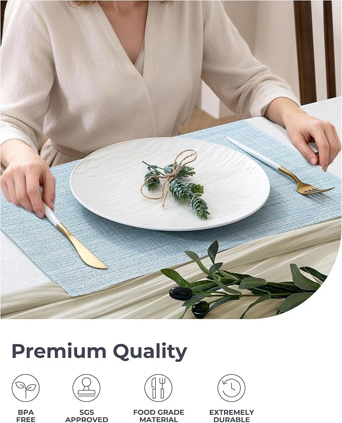 Leetaltree Soft Sky Blue Woven Placemats Set of 4 - Heat Resistant Non-Slip Place mats for Dining Table, Washable Durable PVC Vinyl Woven Table Mats(Sky Blue, 4)