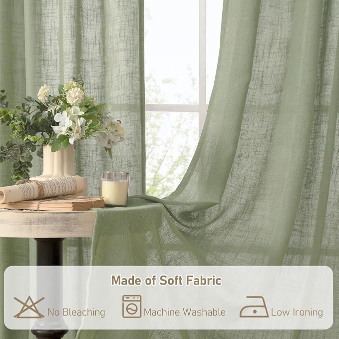 Sage Green Linen Curtains 24 Inch Length for Windows, 25 x 24 Inch | Semi Sheer Curtains, Light Filtering Panels, Cafe Drapes for Kitchen Window Over Sink, Rod Pocket Back Tab, 2 Panels