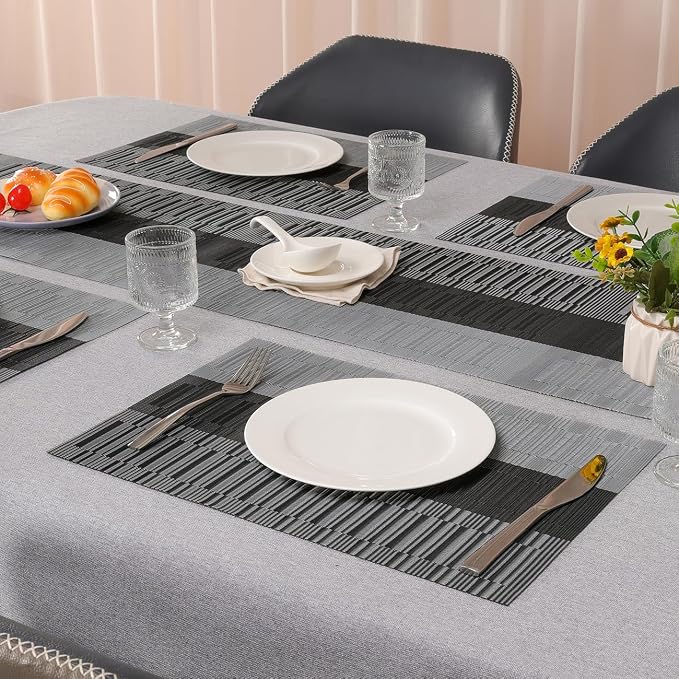 Placemats Set of 6, Vinyl Woven Heat-Resistant Place Mats | Washable Wipeable PVC Table Mats, Non Slip Placemat for Kitchen Dining Indoor Outdoor Table (Gray Black, Set of 6)