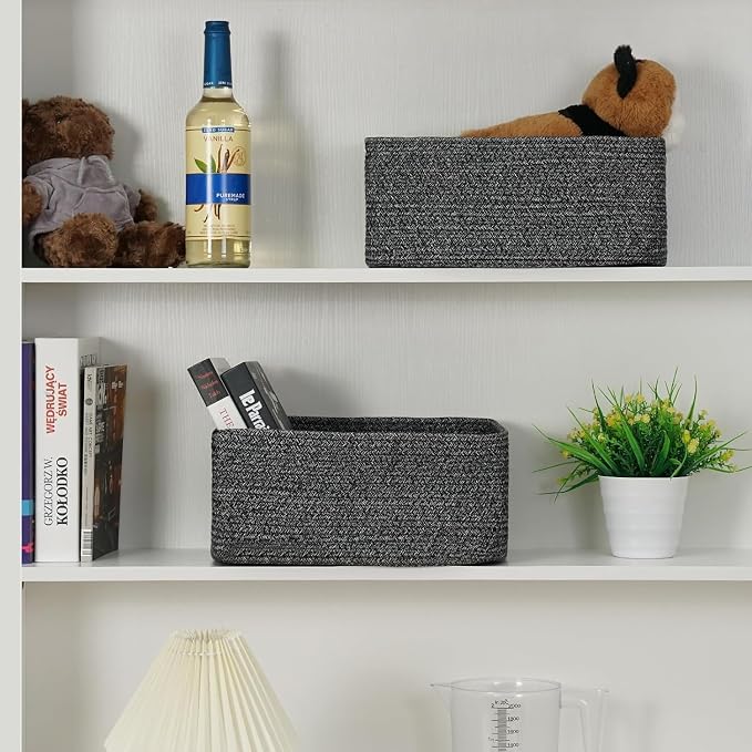 3 Pack Storage Baskets for Organizing, 13.7×9.5×6.3", Mixed Black | Woven Baskets for Shelves, Cotton Rope Basket for Gifts Empty, Closet Organizer Bins with Handles, Cube Decorative Box