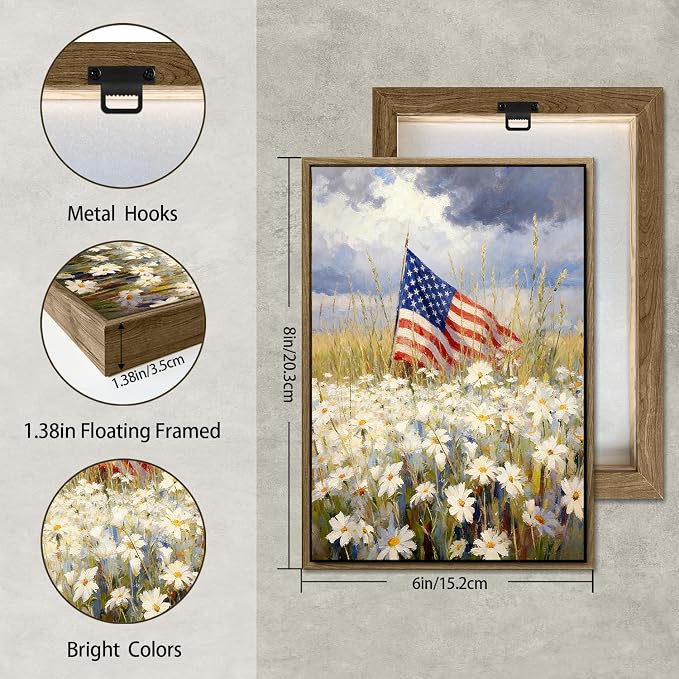 American Flag Framed Canvas Wall Art, 4th of July Patriotic Canvas Prints | Wildflower Landscape Poster Print, Vintage Rustic Independence Day Wall Decor for Bedroom Living Room Office 6×8in