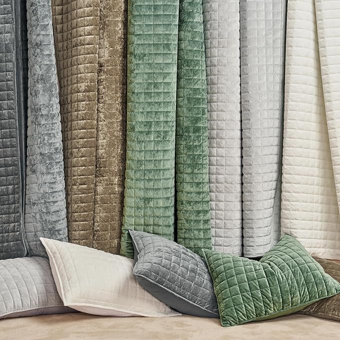 RECYCO Channel Box Stitch Velvet Quilt Set, Full Queen Size, Charcoal Gray | Ultra Soft Lightweight Velvet Comforter, Luxury Oversized Bedspread Coverlet, Quilted Bedding Set for All Season with 2 Shams