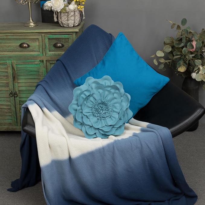 JWH Handmade Flower Pillow Cover Decorative Floral Pillow Case Round Cushion Summer Pillowcase for Home Bed Couch 14x14 Inches Teal Blue