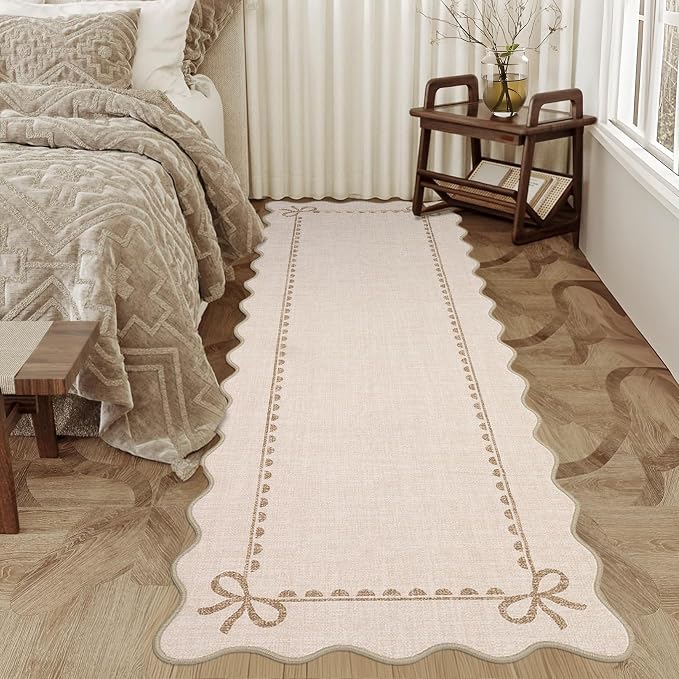 COZYLOOM 2x6 Hallway Runner Rug Machine Washable Area Rugs with Non Slip Backing, Stain Resistant Non Shedding Scalloped Carpet Low Pile Foldable Bordered Bow Mats for Bedroom Bathroom Kitchen, Beige