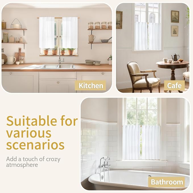 YoungsTex Short White Linen Curtains 45 Inch Length 2 Panels for Window | Semi Sheer Drapes Light Filtering with Rod Pocket Back Tab for Kitchen Bathroom, 42 X 45 Inch
