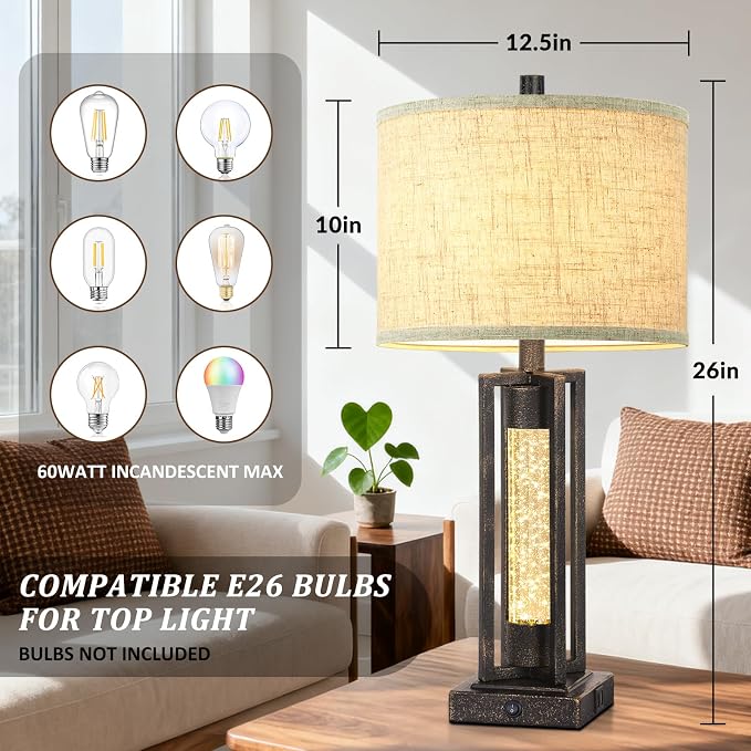 TOBUSA 26" Bronze Farmhouse Table Lamps Set of 2 with Crystal Night Light