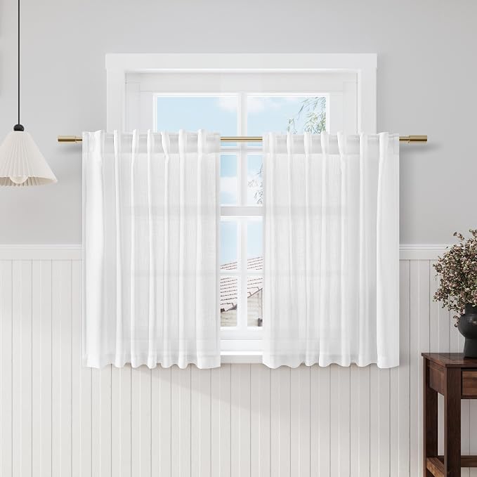 White Linen Back Tab Rod Pocket Curtains for Small Short Windows 2 Panels Set Privacy Semi Sheer Linen Drapes Neutral Modern Farmhouse Window Curtain Rustic Curtain 52x50