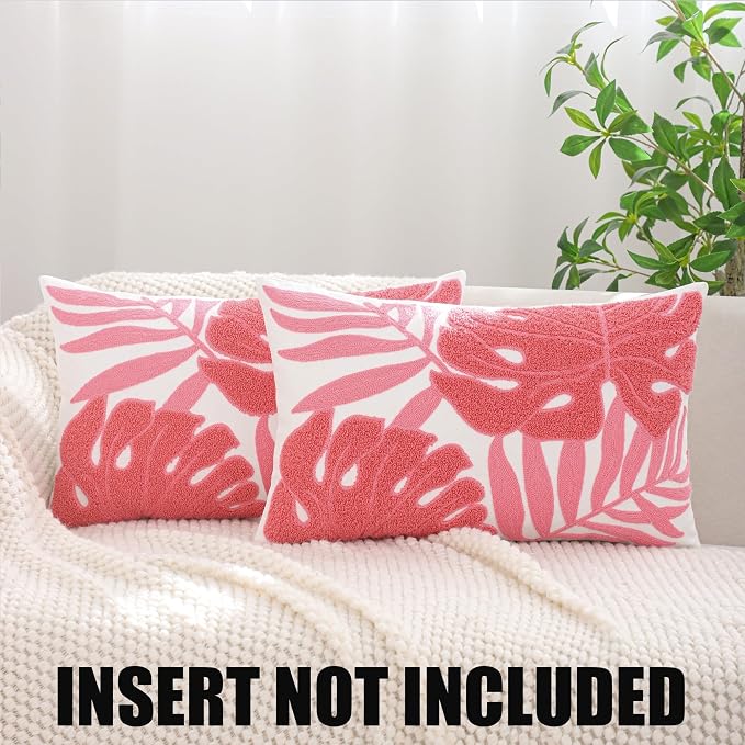 Embroidered Throw Pillow Covers 12x20 Pack of 2 Pink Botanical Leaf