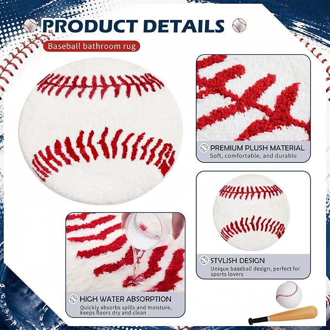 Funtery Baseball Rug for Boys Room Decor Non Slip Absorbent Sports Soft Mat Field Sports Area Rug Plush Soft Washable Carpet Bedroom Bathroom Welcome Door(White, 25.5x25.5, Baseball)