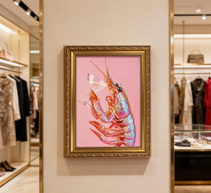 Vintage Gold Framed Bar Wall Art, Funny Pink Lobster With Martini Cocktail Canvas Print, Trendy Summer Coastal Beach Crayfish Painting Picture Poster Artwork for Kitchen Dining Room Restaurants