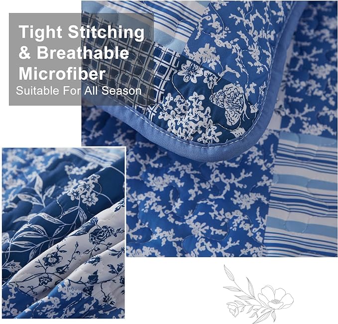 Mybedsoul King Size Quilt, Boho Patchwork Floral Bedding Set, Blue | Soft Lightweight Microfiber Coverlet Set, 3 Pieces Plaid Reversible Bedspread, Bed Sets for All Seasons 90"x110"