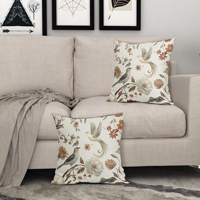 Kawani Vintage Floral Pillow Covers 22x22 Inch Set of 2 Cream Chinoiserie Flower and Bird Outdoor Decorative Throw Pillows Retro Rustic Pillowcases Farmhouse Cushion Covers for Couch Home Decor