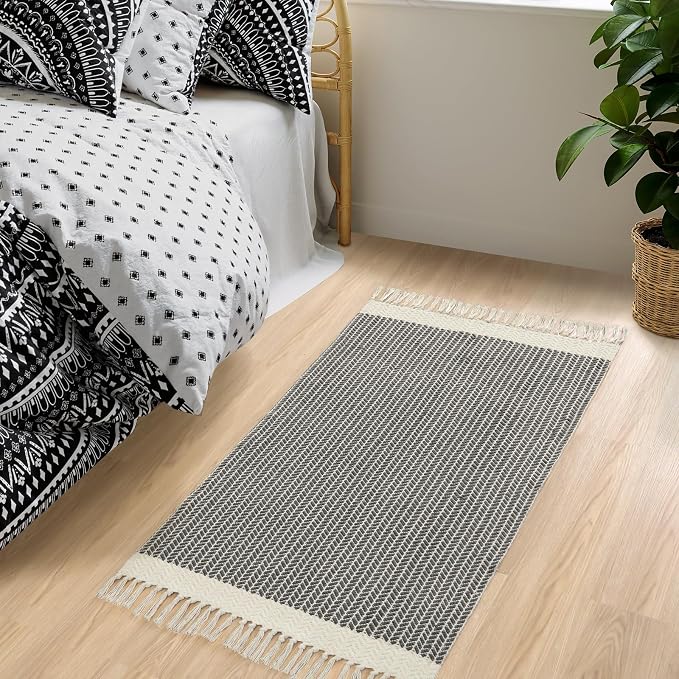 Lahome Boho Bathroom Rugs, Small 2x3 Front Door Mat for Kitchen, Washable | Indoor Entryway Area Rug Woven Cotton with Tassels, Farmhouse Non Shedding Grey Throw Low Pile Carpet for Bath Entry Laundry