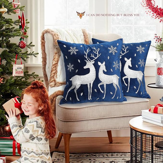 Lewondr Christmas Throw Pillow Cover, White Deer Snowflake, 18"x18", 2 Pack | Navy Blue, Soft Velvet, Embroidery Decorative, Luxurious Sofa Cushion Cover, Home Christmas Decoration