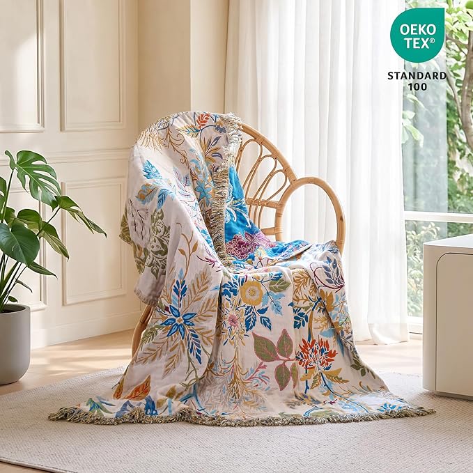 MSGKV Boho Throw Blanket 60"x80" 100% Cotton Floral Muslin Twin Blanket | 100% Cotton Throw, Twin Size Blanket, Reversible Woven, Summer Breathable, Farmhouse Decor, All Seasons, Machine Washable