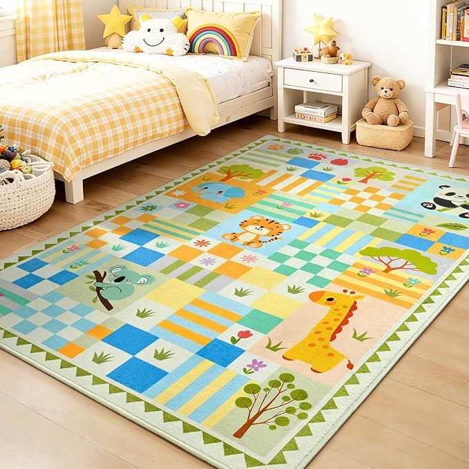 5x7 Soft Washable Playroom Rug, Non-Slip Green Safari Jungle Animal Area Rug, Cute Colorful Checkered Woodland Carpet for Girls Bedroom Decor