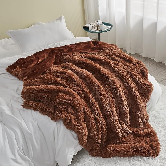 GONAAP Fuzzy Faux Fur Queen Blanket for Couch, Coffee, 90"x90" | Warm Cozy Plush Shaggy Decorative Reversible Thick Non-Heated Fleece Blanket for Sofa Bed, Gift for Women Men, All Season Use