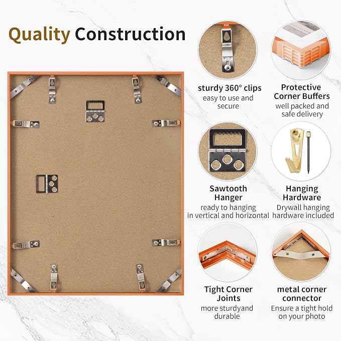 Fun Memories 16x20 Metal Picture Frame with 11x14 Mat, Brushed Aluminum Finish, Tempered Glass Front, and Attached Hanging Hardware(Orange, Pack of 1)