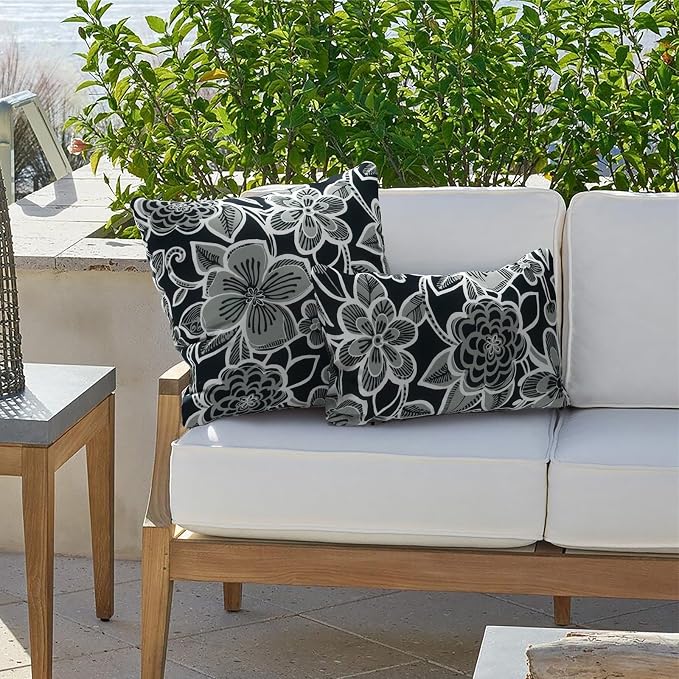 Outdoor Lumbar Pillow Covers 12”x20”, Rectangle Throw Pillow Covers for Patio Furniture, Decorative Lumbar Cushion Case for Garden Balcony Couch Office Chair, Pack of 2,Flower Black