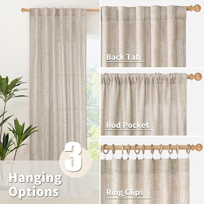 YoungsTex Natural Linen Curtains 84 Inch Length 2 Panels Rod Pocket Light Filtering Textured Window Drapes with Ring Clips for Living Room Dining Bedroom, 38 X 84 Inches | Light Filtering Textured Drapes for Living Room Dining Bedroom Rod Pocket Back Tab