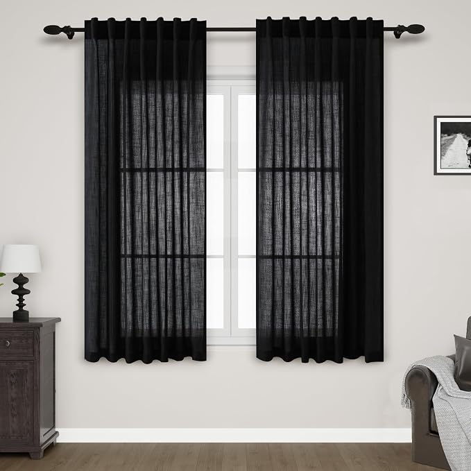 Black Linen Textured Curtains for Living Room 60 Inches Long 2 Panels Set Back Tab Rod Pocket for Bedroom Kitchen Short Semi Sheer Light Filtering Protect Privacy Window Drapes W52xL60