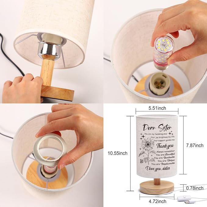 WSYEAR Sister Gifts for Women, Christmas Birthday Gifts for Sister,Table Lamp with Wooden Stand Anniversary Wedding Present for Girls