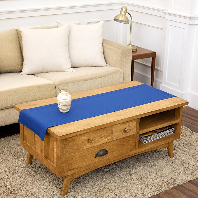 Solino Home 100% Pure Linen Table Runner Blue, Classic Hemstitch 14 x 60 in | brings a tailored look to family meals and hosting, hemstitched border, mitered corners, machine washable, OEKO-TEX Certified