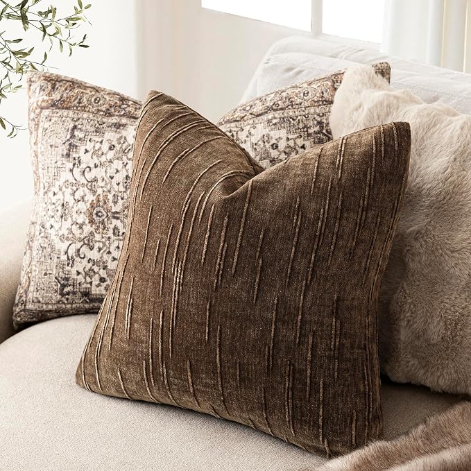 Foindtower Pack of 2 Slubby Textured Chenille Throw Decorative Pillow Covers Square Accent Solid Cushion Cover Cozy Neutral Farmhouse Pillow Case for Couch Bedroom Living Room 18x18 Inch,Dark Brown