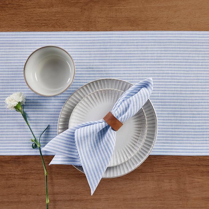 Solino Home 100% Pure Linen Table Runner, 14 x 48 in, Blue and White Stripe | Narrow Stripe, styles dining tables for meals and celebrations, European flax fibres, machine washable, OEKO-TEX Certified