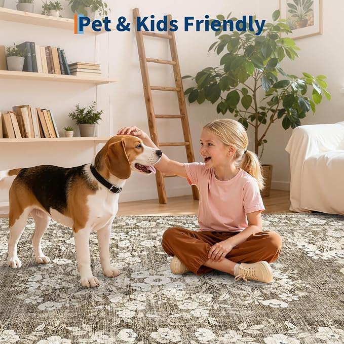 GarveeHome Floral Runner Rug 2x6 for Bedroom Vintage Throw Floor Cover | Washable Boho Flower Bordered Rugs Non-Slip Low Pile Botanical Hallway Accent Mats Floral Rug for Kitchen Entryway Brown