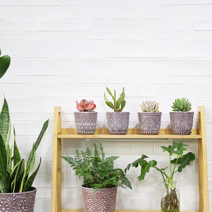 Gepege Ceramic Succulent Pots, 4 Inch Small Plant Pots with Drainage | Ceramic succulent pots with drainage holes, ceramic saucers and mesh pads, set of 4, ideal for cactus and succulents