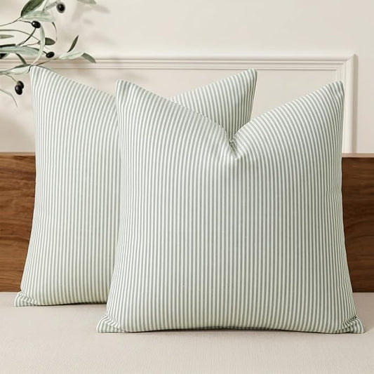 Sage Green Farmhouse Striped Outdoor Throw Pillow Cover 18x18 Set of 2 | Soft & Breathable Couch Pillow Cases, Green Outdoor Pillow Covers 18 x 18,Sage Green Farmhouse Decorative Couch Pillow Covers