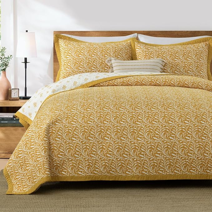 SahSahCasa Quilt Set Queen Size, 100% Cotton Quilt Bedding Set Bedspread, Botanical Pattern Solid Color Chic Lightweight Quilted Comforter for Queen Bed, Mustard Yellow, All Season, 3 Pieces