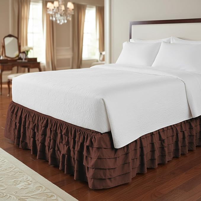 Elegant Comfort Luxurious Premium Quality 1500 Thread Count Wrinkle and Fade Resistant Egyptian Quality Microfiber Multi-Ruffle Bed Skirt - 15inch Drop, Full, Chocolate Brown