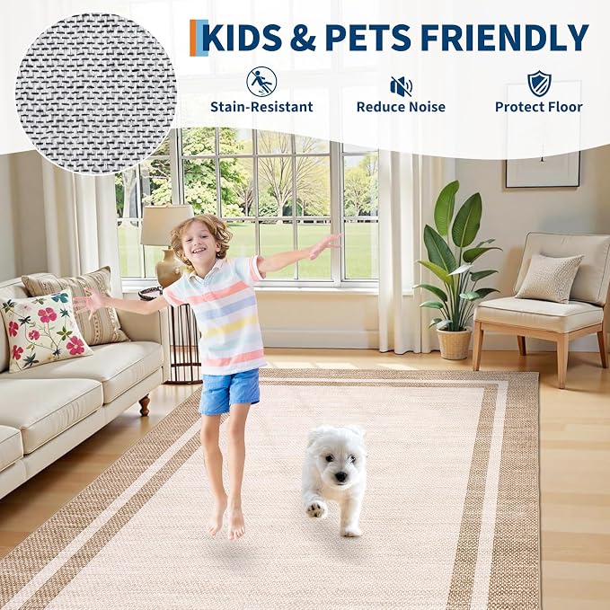 COZYLOOM Area Rugs 10x13 Large Living Room Rug with Rubber Backing, Stain Resistant Modern Bordered Rug, Non Shedding Low Pile Soft Carpet, Foldable Thin Mats for Bedroom, Dining Room, Office, Beige