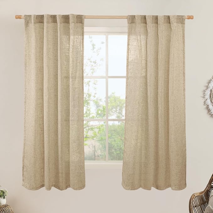 Linen Curtains 60 Inch Length 2 Panels, Light Filtering Sheer Panels | Semi Sheer Panels, Neutral Drapes for Bedroom, Living Room, Window Treatment, Rod Pocket Back Tab, Brown, 34 x 60 Inch