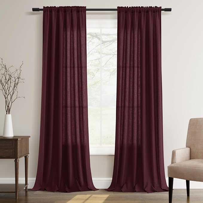 Burgundy Linen Curtains 96 Inches Long 2 Panel Set Rod Pocket Semi Sheer Dining Room Cozy Bedroom Decor Cotton Look Country Rustic Farmhouse Boho Curtains 52x96