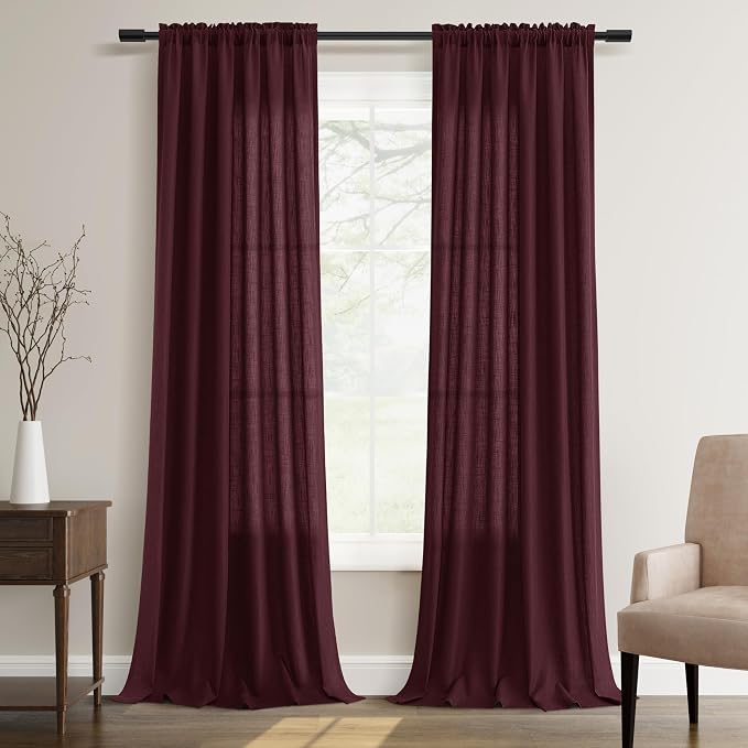 Burgundy Linen Curtains 108 Inches Long 2 Panel Set Rod Pocket Semi Sheer Dining Room Cozy Bedroom Decor Cotton Look Country Rustic Farmhouse Boho Curtains 52x108