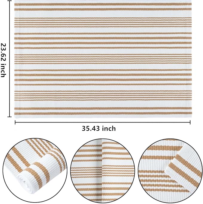 Khaki and White Striped Outdoor Rug 24'' x 35'' Door Mat Outdoor Machine Washable Welcome Mats Cotton Hand-Woven Entryway Rug for Front Porch/Entryway/Laundry/Bathroom/Bedroom