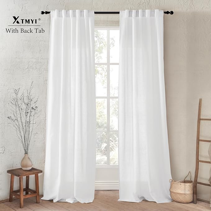 XTMYI 86 Inch Long White Linen Curtains, Semi Sheer Light Filtering Drapes for Bedroom Living Room 2 Panels Set