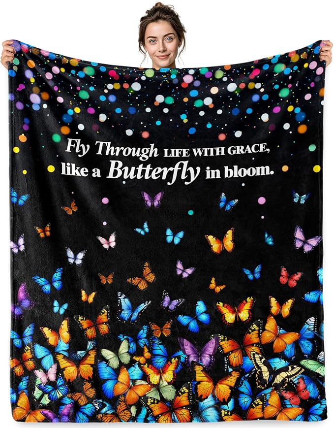 Jekeno Butterfly Gifts Blanket Grace in Bloom Colorful Throw Blanket | 50x60 Inch Flannel Butterfly Bloom Blanket Gifts For Christmas Birthday Mother Day Women Girls Butterfly Lovers