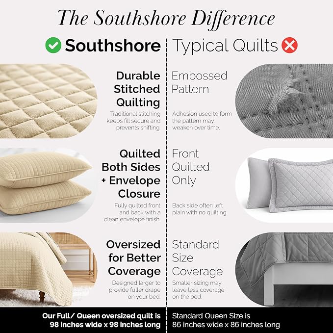 Southshore Fine Living, Inc. Queen Size Quilt Bedding Set, Hotel Quilts, Pet Hair Resistant Bedding Sets, Coverlet Queen Size, Full Size Bedspread with 2 Pillow Shams, Beige Quilts, Soft Sand