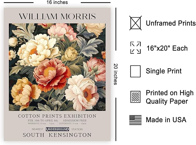 Poster Master William Morris Poster - Peony Print - Botanical Art - Flower Art - Exhibition Artwork - Animal Creation - Floral Piece - Aesthetic Illustration - Colorful Office or Bedroom Decor - 16x20 UNFRAMED Wall Piece