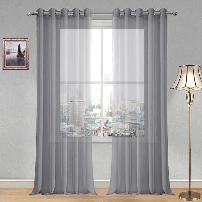 DWCN Sheer Curtains, Grommet Top Grey Faux Linen Look Voile Semi Transparent Solid Window Sheer Curtains Drapes for Bedroom Living Room, Set of 2 Panels 60 x 102 Inch Long, Grey