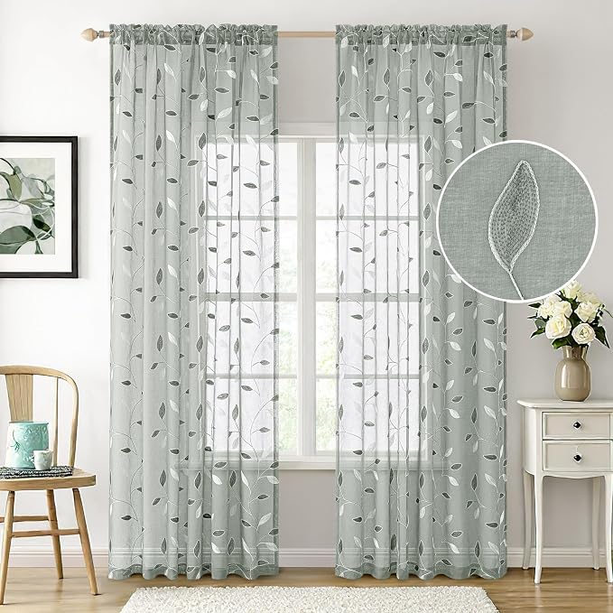 MIULEE Sage Sheer Curtains 2 Panels Embroidered Leaf Patterned, W52 x L84 | Embroidered Floral Semi Sheer,Rod Pocket,Faux Linen,Short Window Curtains Drapes Set for Kitchen/Bathroom/Cafe